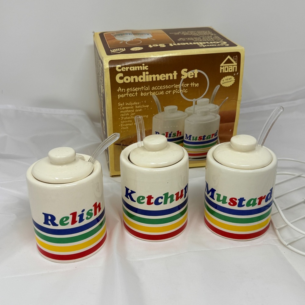 VTG HOAN Ceramic MCM Condiment Set Relish Ketchup Mustard‎ Jars 3pc Enamel Rack